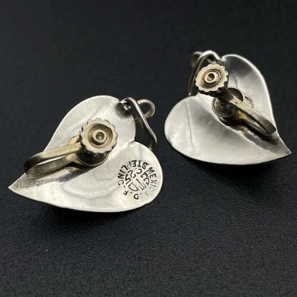 Vtg Sterling DF Mexico ETD Modern Leaf and Berry Earrings Signed‎ Screw Back